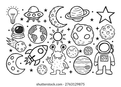 Hand drawn doodle set of cute astronomy cartoon in a sketch for a funny element design