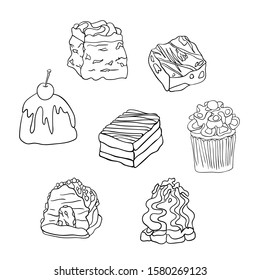 Hand drawn doodle set of delicious cakes on white isolated background. Muffin, fruitcake, chocolate, biscuit with cream. Good for coloring book pages.