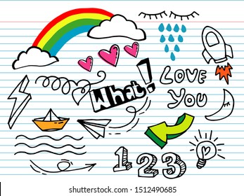 Hand drawn of doodle set. design element for concept design. cloud, rainbow, arrow 3d, eyes, line, number, rocket. isolated on white background. vector illustration
