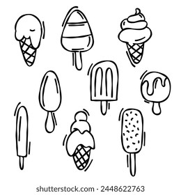 Hand drawn doodle set of different types of ice cream: waffle cone, popsicle, ice cream. Sketch style in doodle style. Vector illustration for design. Ice cream for summer