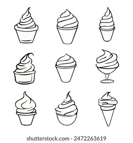 Hand drawn doodle set with different types of ice cream. Sketch style vector illustration for cafe menu, decoration, birthday card.