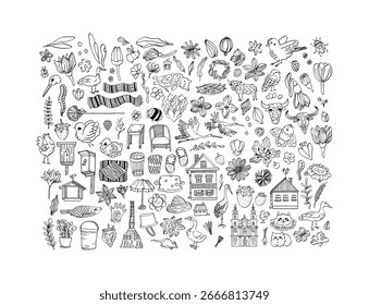 Conjunto de doodle dibujado a mano de diferentes iconos de la naturaleza. Gráficos de verano o primavera
