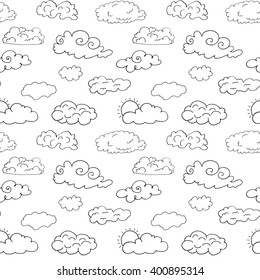 Hand drawn Doodle set of different Clouds, sketch Collection  vector illustration isolated on white.