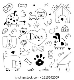 Hand drawn doodle set of dogs symbols or elements for design. Vector illustration cute and simple. Black on white background.