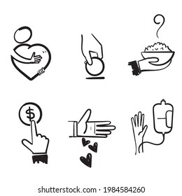 doodle dibujado a mano Juego de donaciones y ilustración de icono Vector relacionado con la caridad
