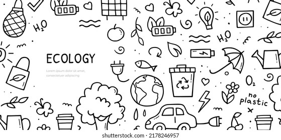 Hand drawn doodle set of ecology theme items. Horizontal banner template. Sketch style illustration.