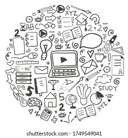 Hand drawn doodle set with education symbols. Vector online studing web banner. online education doodle. Line consept in circle form.