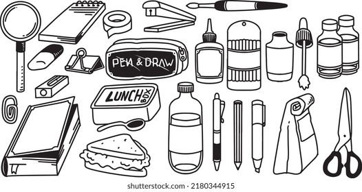 Hand drawn doodle set element with magnifier, book, note, paint, pen, cutter, lunch book and stationary for back to school education theme.
