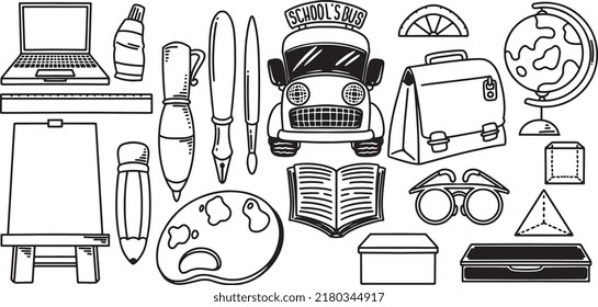 Hand drawn doodle set element with laptop, pen, bus, globe, ruler, book, painter and glasses for back to school education theme.