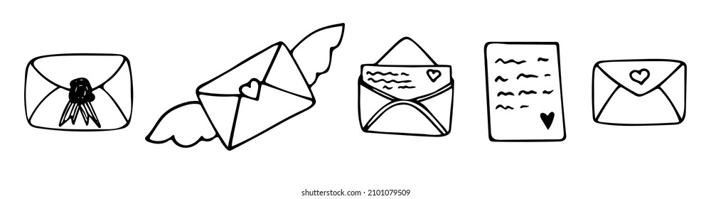 Hand drawn doodle set with envelopes and letters. Envelope with postcard. Letter with wings. Envelope with wax seal. Hearts. Vector love cliparts. Outline.