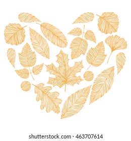 Hand drawn doodle set. Fall of autumn leaves in the shape of heart. Nature symbol vector collection.