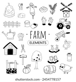 Hand drawn doodle set of farm elements. Vector illustration.