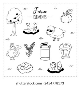 Hand drawn doodle set of farm elements. Vector illustration.