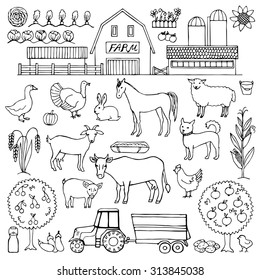 Hand drawn doodle set with farm. Vector illustration for backgrounds, web design, design elements, textile prints, covers 