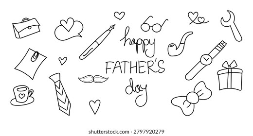 Hand drawn doodle set featuring various masculine icons like ties and watches celebrating father day with simple black lines on a clean white background to create a festive greeting design for families honoring their dads on this special annual holiday occasion.
