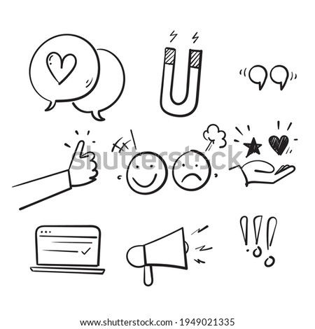 hand drawn doodle set of feedback icons, research, comment, review, customer, survey, social media isolated background