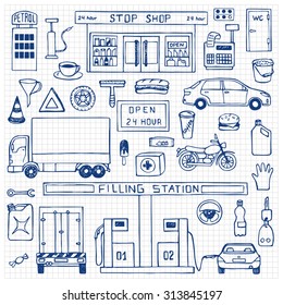Hand drawn doodle set with filling station on squared paper. Vector illustration for backgrounds, web design, design elements, textile prints, covers 
