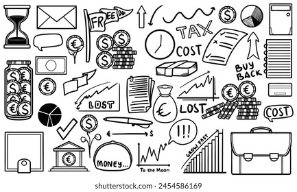 Hand drawn doodle set of Financial Technology in world money currency