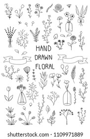 hand drawn doodle set of floral and leaves
