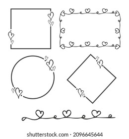 Hand drawn doodle set frame with hearts. Simple elements isolated on white background. Vector illustration