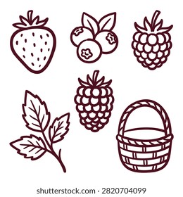 Hand drawn doodle set of fresh summer berries including strawberry blueberry raspberry and a woven basket