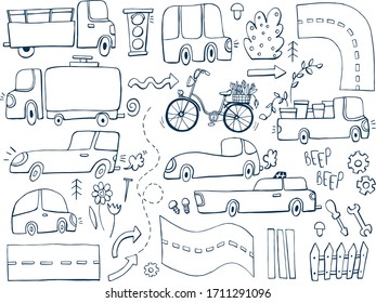 Conjunto de doodle dibujado a mano con camiones divertidos, bus, carreteras, ilustración vectorial