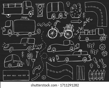 Handgezeichnete Doodle-Set mit lustigen Autos, Bus, Straßen, Vektorillustration-Illustration auf der Tafel.