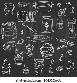 Hand drawn doodle set of Gardening icons. Vector illustration set. Cartoon Garden symbols. Sketchy elements collection: lawnmower, trimmer, spade, fork, rake, hoe, trug, wheelbarrow, hose reel.