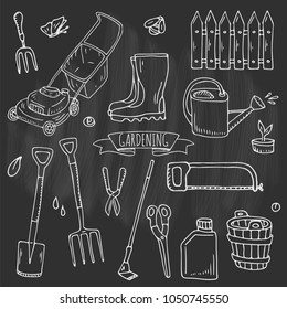 Hand drawn doodle set of Gardening icons. Vector illustration set. Cartoon Garden symbols. Sketchy elements collection: lawnmower, trimmer, spade, fork, rake, hoe, trug, wheelbarrow, hose reel.