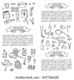 Hand drawn doodle set of Gardening icons. Vector illustration set. Cartoon Garden symbols. Sketchy elements collection: lawnmower, trimmer, spade, fork, rake, hoe, trug, wheelbarrow, hose reel.