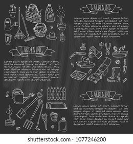 Hand drawn doodle set of Gardening icons. Vector illustration set. Cartoon Garden symbols. Sketchy elements collection: lawnmower, trimmer, spade, fork, rake, hoe, trug, wheelbarrow, hose reel.