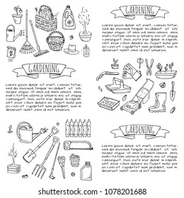 Hand drawn doodle set of Gardening icons. Vector illustration set. Cartoon Garden symbols. Sketchy elements collection: lawnmower, trimmer, spade, fork, rake, hoe, trug, wheelbarrow, hose reel.