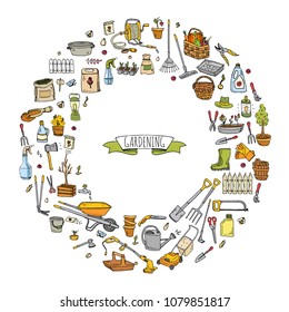 Hand drawn doodle set of Gardening icons. Vector illustration set. Cartoon Garden symbols. Sketchy elements collection: lawnmower, trimmer, spade, fork, rake, hoe, trug, wheelbarrow, hose reel.