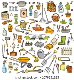 Hand drawn doodle set of Gardening icons. Vector illustration set. Cartoon Garden symbols. Sketchy elements collection: lawnmower, trimmer, spade, fork, rake, hoe, trug, wheelbarrow, hose reel.