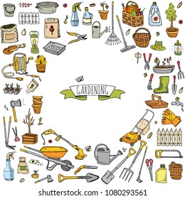 Hand drawn doodle set of Gardening icons. Vector illustration set. Cartoon Garden symbols. Sketchy elements collection: lawnmower, trimmer, spade, fork, rake, hoe, trug, wheelbarrow, hose reel.