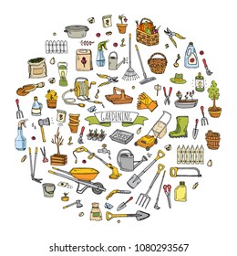 Hand drawn doodle set of Gardening icons. Vector illustration set. Cartoon Garden symbols. Sketchy elements collection: lawnmower, trimmer, spade, fork, rake, hoe, trug, wheelbarrow, hose reel.