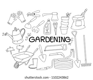 hand drawn doodle set of gardening tools. garden equipment with black and white background