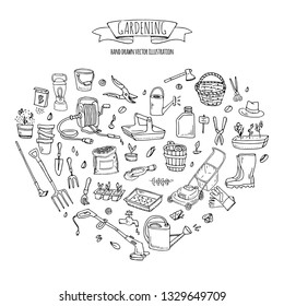 Hand drawn doodle set of Gardening icons. Vector illustration set. Cartoon Garden symbols. Sketchy elements collection: lawnmower, trimmer, spade, fork, rake, hoe, trug, wheelbarrow, hose reel.