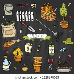 Hand drawn doodle set of Gardening icons. Vector illustration set. Cartoon Garden symbols. Sketchy elements collection: lawnmower, trimmer, spade, fork, rake, hoe, trug, wheelbarrow, hose reel.