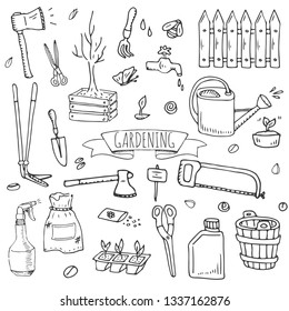 Hand drawn doodle set of Gardening icons. Vector illustration set. Cartoon Garden symbols. Sketchy elements collection: trimmer, spade, fork, axe, plant, fertilizer, saw, scissors, watering equipment