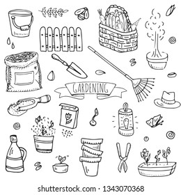 Hand drawn doodle set of Gardening icons. Vector illustration set. Cartoon Garden symbols. Sketchy elements collection: spade, fork, rake, trug, plant, fence, basket, tree, lantern, pot, fertilizer