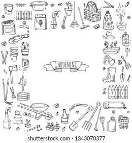 Hand drawn doodle set of Gardening icons. Vector illustration set. Cartoon Garden symbols. Sketchy elements collection: lawnmower, trimmer, spade, fork, rake, hoe, trug, wheelbarrow, hose reel.