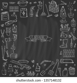 Hand drawn doodle set of Gardening icons. Vector illustration set. Cartoon Garden symbols. Sketchy elements collection: lawnmower, trimmer, spade, fork, rake, hoe, trug, wheelbarrow, hose reel.
