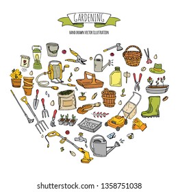 Hand drawn doodle set of Gardening icons. Vector illustration set. Cartoon Garden symbols. Sketchy elements collection: lawnmower, trimmer, spade, fork, rake, hoe, trug, wheelbarrow, hose reel.