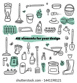 Hand drawn doodle set of gardening icons. Vector illustrations set. Cartoon garden symbols. Sketch elements collection: shovel, fork, rake, hoe, truck, wheelbarrow, boots, gloves, seeds, other