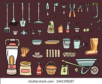 Hand drawn doodle set of gardening icons. Vector illustrations set. Cartoon garden symbols. Sketch elements collection: shovel, fork, rake, hoe, truck, wheelbarrow, boots, gloves, seeds, other