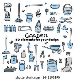 Hand drawn doodle set of gardening icons. Vector illustrations set. Cartoon garden symbols. Sketch elements collection: shovel, fork, rake, hoe, truck, wheelbarrow, boots, gloves, seeds, other