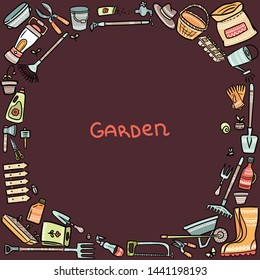 Hand drawn doodle set of gardening icons. Vector illustrations set. Cartoon garden symbols. Sketch elements collection: shovel, fork, rake, hoe, truck, wheelbarrow, boots, gloves, seeds, other