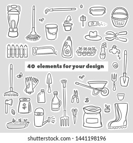 Hand drawn doodle set of gardening icons. Vector illustrations set. Cartoon garden symbols. Sketch elements collection: shovel, fork, rake, hoe, truck, wheelbarrow, boots, gloves, seeds, other