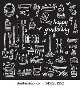 Hand drawn doodle set of gardening icons. Vector illustrations set. Cartoon garden symbols. Sketch elements collection: shovel, fork, rake, truck, wheelbarrow, boots, gloves on blackboard background